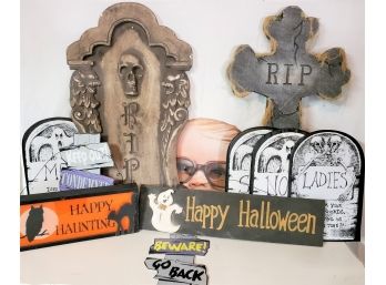 Halloween Lot - Tombstones, Light Up Signs, Giant Baby Mask, Light Up Halloween Sign, Lawn Signs