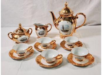 Beautiful Set Of Vintage Venezia Italy Gold Gilt Porcelain Espresso Set With Coffee Pot And More