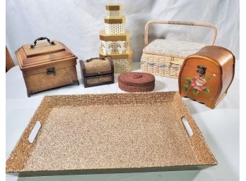 Collection Of Boxes, Glittery Serving Tray, Sewing Box & More