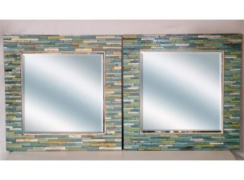 Fabulous Pair Of Handcrafted Vietnamese Colorful Wood Slat Beveled Wall Mirrors