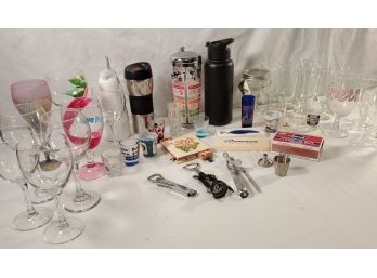 Large Bar Lot - Vintage And MCM Shaker & Match Book, Glassware, Bar Tools, And More