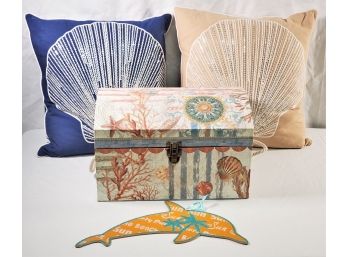 Assortment Of Beach Themed Decor With Two Sequined Pillow Covers With Down Inserts, Chest & More