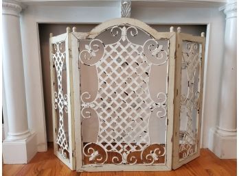 Pretty Three Panel French Country Style Wood & Metal Fireplace Screen With 10 Frosted Votive Cups On Backside