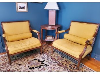 Pair Of Beautiful Antique Oversized Carved Wood & Mustered Yellow Upholstered Chess Chairs