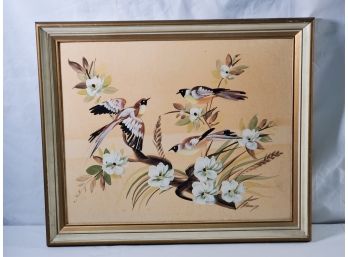 Vintage Mid Century Modern Asian Inspired Birds Painted On Board