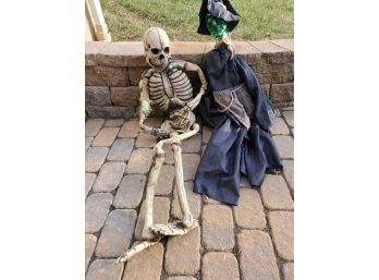 Hanging Scary Halloween Witch & A Life Size Rubber Skeleton