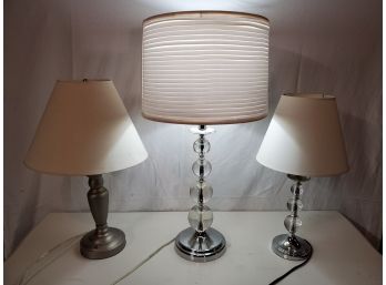 Three Assorted Silver Tone, Chrome & Acrylic Table Lamps