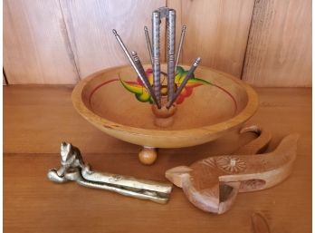 Vintage Nut Bowl With Hand Painted Interior & Nutcracker Accessories