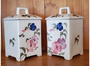 Pair Of Pretty Vintage Floral Hand Painted Porcelain Lidded Canisters