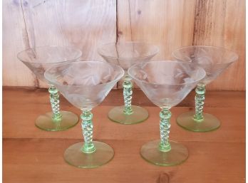 Five Vintage Depression Glass Etched Floral Champagne Glasses With Twisted Green Stems