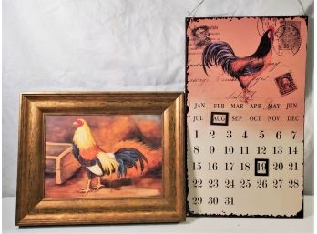 Framed Rooster Print And Tin Rooster Themed Wall Calender