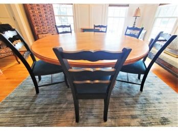 Fantastic Large Lillian August Round Oak Farmhouse Table & Six Black Upholstered Ladder Back Chairs