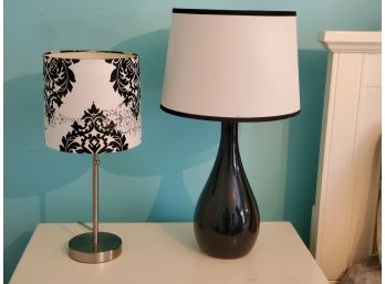 Two Table Lamps - One Black Ceramic With Off White Shade & One Metal With Pull Sting & Black & White Shade