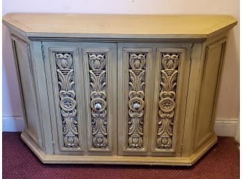 Handsome Vintage Angled Carved Wood Painted Small Credenza Cabinet