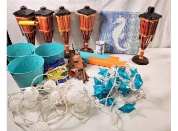 Outdoor Lot - Tiki Torches, Decorative Light Strands, 3 Section Caddy, Ceramic Wind Chime, Toys