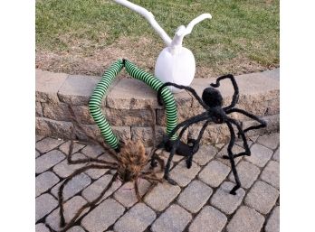 Mixed Halloween Decoration Lot With Two Spiders, Striped Witch Legs & White Pumpkin With Legs