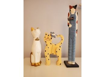 Whimsical Hand Painted Wood Cat Figurines