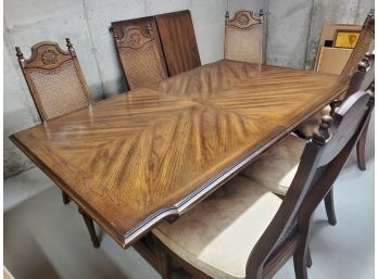 Vintage Pecan Finish Wood Dining Room Table & Six Matching Cane Back Chairs