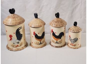 Set Of Four Enesco Isabelle De Borchgrave Designs Ceramic Rooster Canister Set