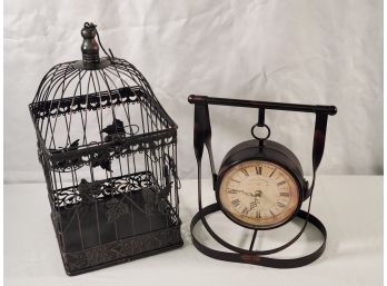 Decorative Metal Bird Cage & Two Sided Thermometer & Clock