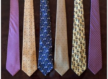 Six Salvatore Ferragamo Italian Made Silk Ties Featuring Foxes, Dogs, Elephants And Leopards