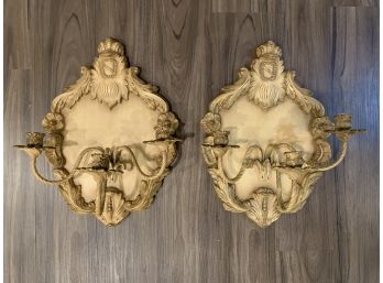 Pair Of Antique Three-candle Shield Form Wood Sconces