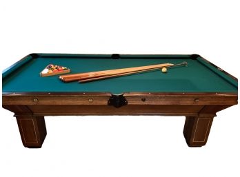 Refurbished 1930’s V. Loria Pool Table With Wall-mounted Cue Stick Holder