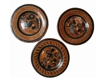 Trio Of Signed Artisan Mexican Pottery  8' Wall Plates