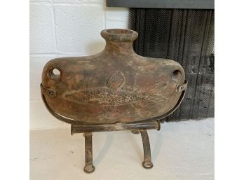 Lg. Antique Pottery Fish Urn On Hand Forged Iron Base