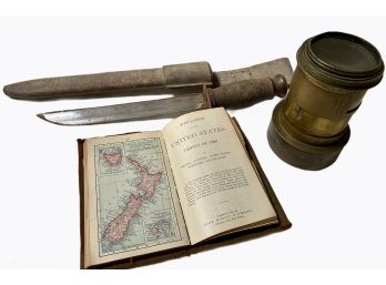 Antique Lot - 1900 Pocket Atlas, Knife & Sheath & Old Brass English Lens