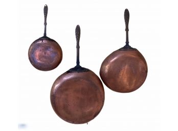 Three Old Copper Pans With Brass Handles