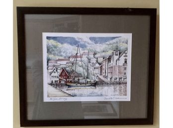 Signed  ORIGINAL Watercolor & Ink  'Bergen, Norway Harbor' (Y)