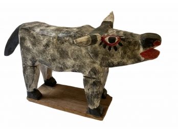 Primitive Mexican Folk Art Carved Wood Longhorn Bull