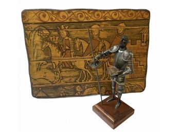 Vintage 12' Don Quixote Metal Figurine + Wood Crusader Plaque