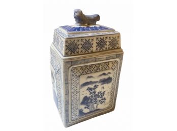 Chinese Blue & White Canister With Foo Dog
