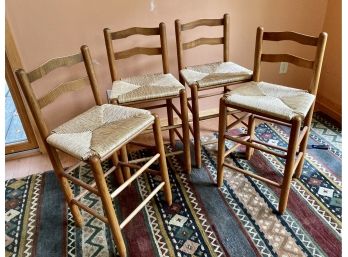 Set Of 4 Vintage Counter Stools W/ Rush Seats