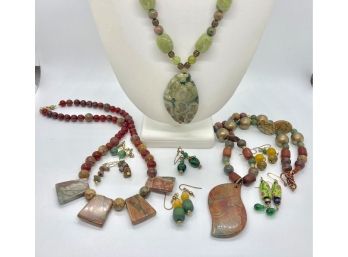Jewelry Lot 6 - Three Stone Necklaces And 6 Pairs Of Earrings
