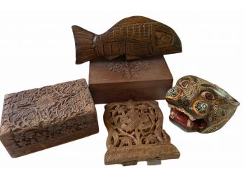 Signed Canadian Kwakiutl Tribe Carved Fish +Other Carved Wood Objects