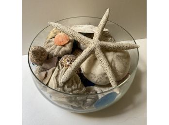 10' Glass Bowl With Seashells, Coral & Sea Glass