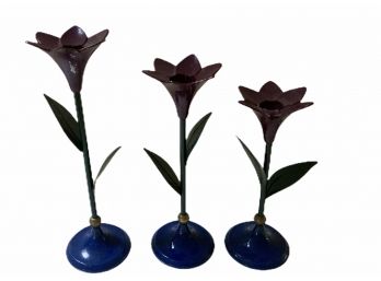 Trio Of Metal Flower Candle Holders
