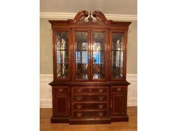 Gorgeous & Stately Lighted Two-Piece Breakfront China Cabinet