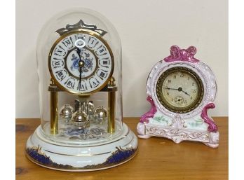 Vintage Glass-domed Anniversary Clock & Antique Porcelain Desk Clock