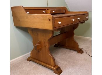 Vintage Colonial Knotty-Pine Desk, Trestle Base