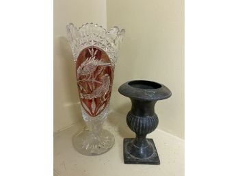 Cut Glass Red & Clear Vase & Metal Urn