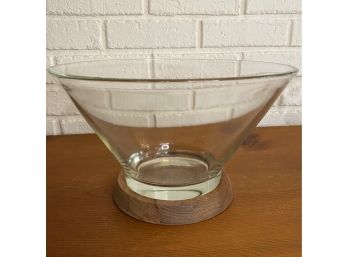 MCM Style Salad/ Serving Bowl On Wood Base & Contemporary Clear Glass Bowl