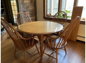 Handsome Solid Oak Dining Table, Two Leaves, Four Windsor Chairs