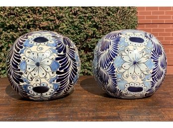 Pair Of Handmade Talavara-Style Garden Spheres