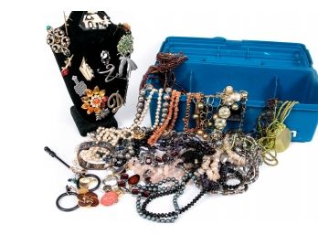 Box Of Costume Jewelry With Black Velvet Necklace Stand