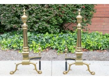 Tall Chippendale Column Brass Andirons