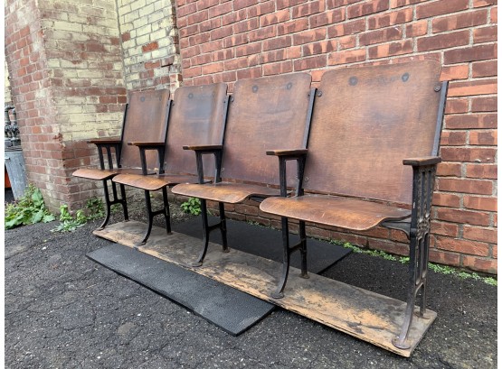 Antique Wood Theater Seats, Branded With 'Wear Triangular Brand Shoes 'They Last Longer''  (CF01)